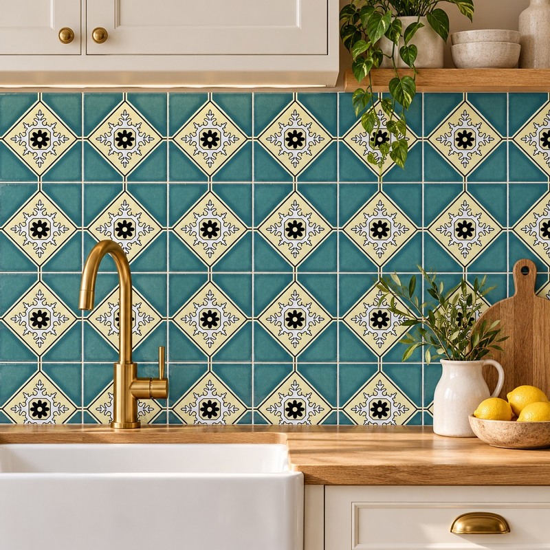 100x100mm Teal Diamond Floral Tiles TQ39-CN1236