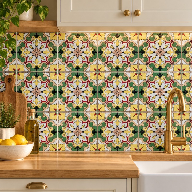 100x100mm Green Pink Floral Tiles TQ39-CN1238
