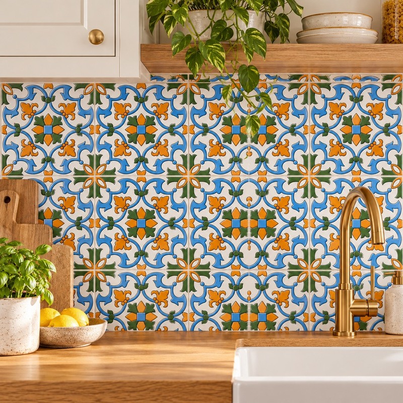 100x100mm Blue Ochre Floral Scroll Tiles TQ39-CN1239