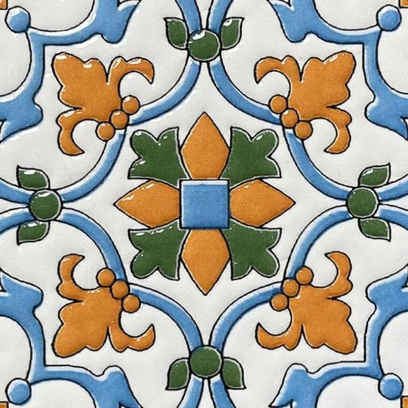 100x100mm Blue Ochre Floral Scroll Tiles TQ39-CN1239