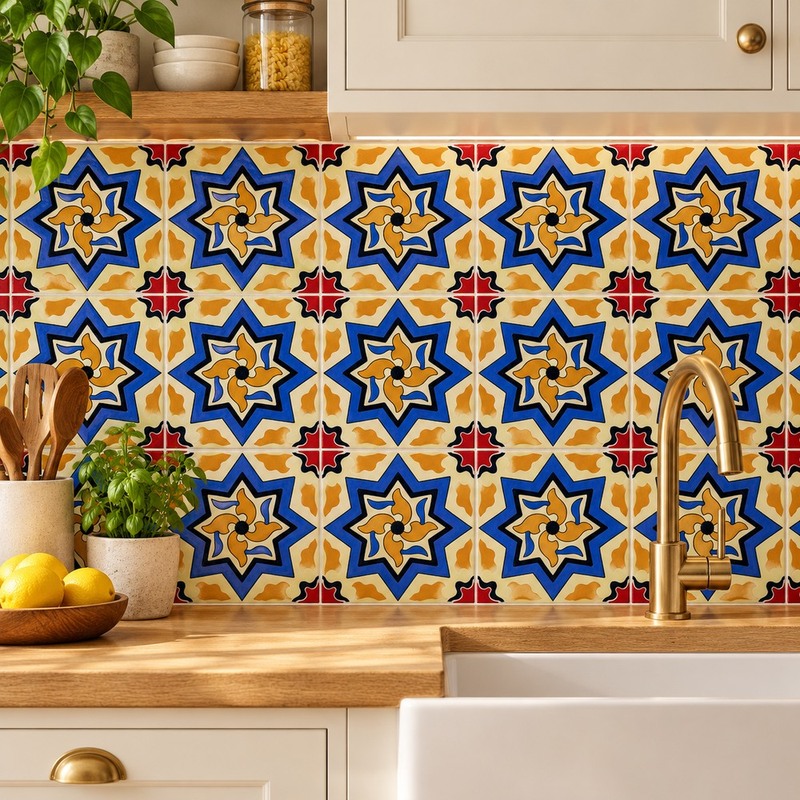 100x100mm Orange Blue Ornamental Star Tiles TQ39-CN1240