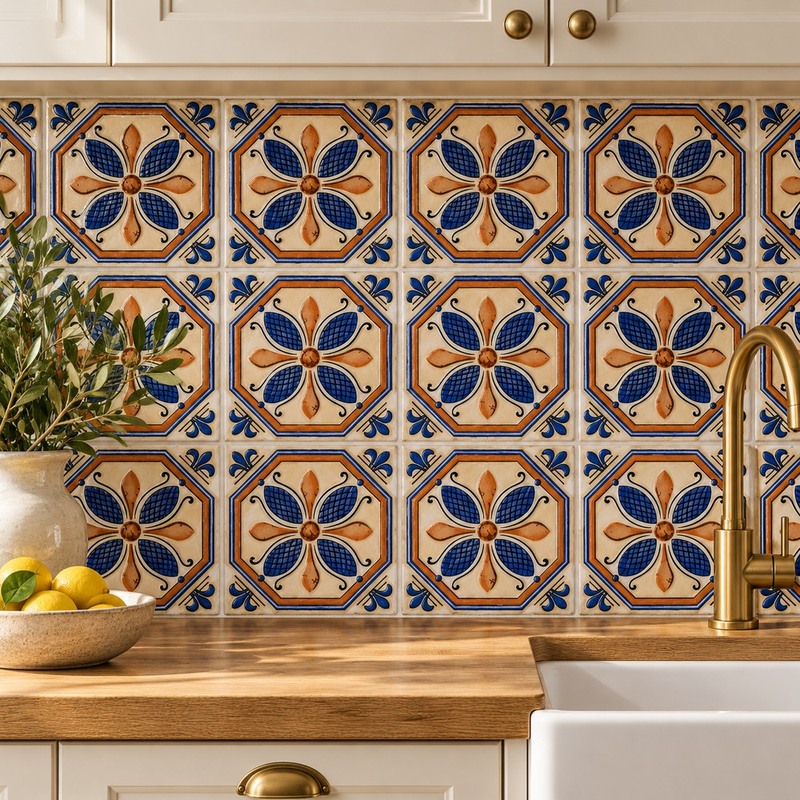 100x100mm Blue Ochre Flower Tiles TQ39-CN1244