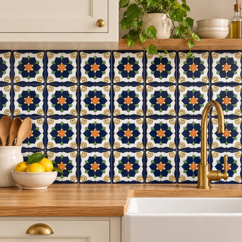 100x100mm Navy Cream Floral Tiles TQ39-CN1245