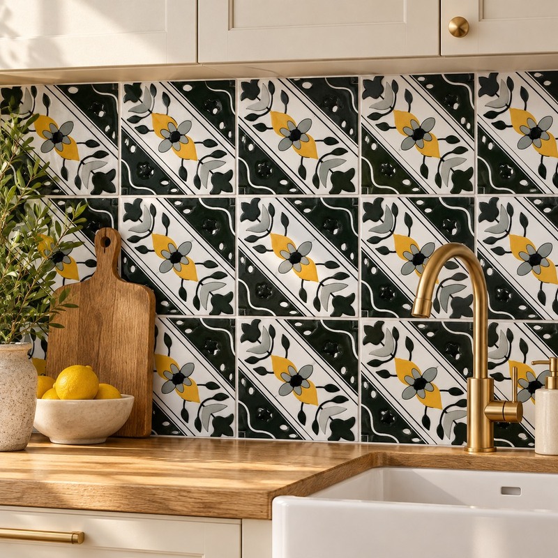 100x100mm Black White Diagonal Floral Tiles TQ39-CN1246