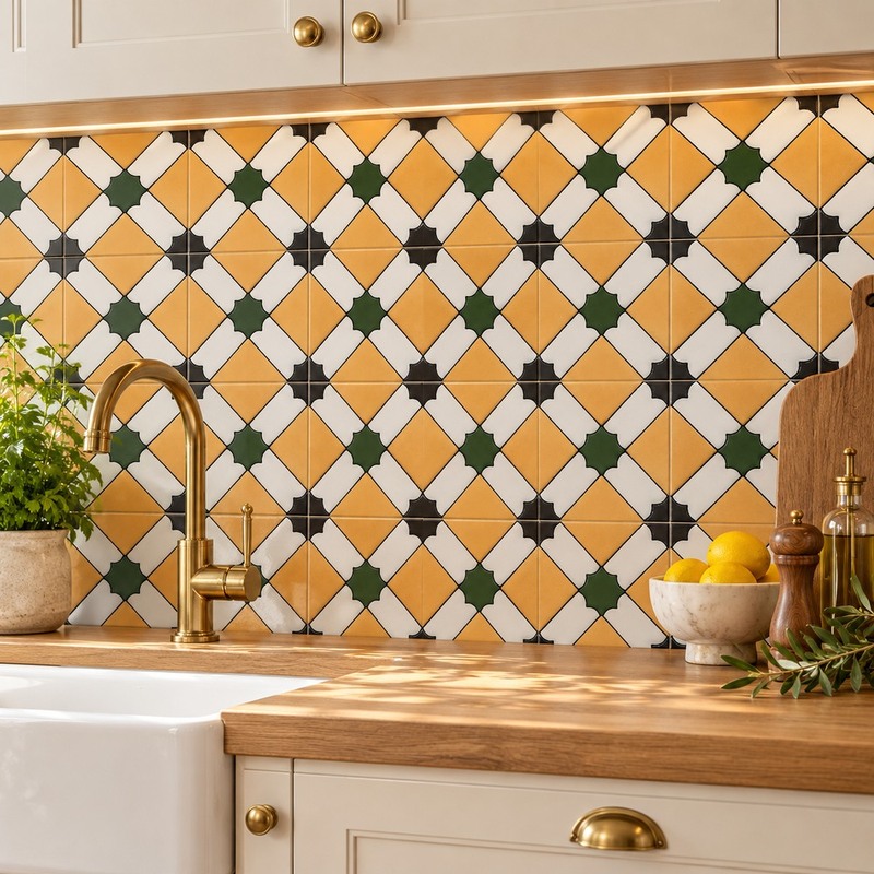 100x100mm Ochre Geometric Lattice Tiles TQ39-CN1249