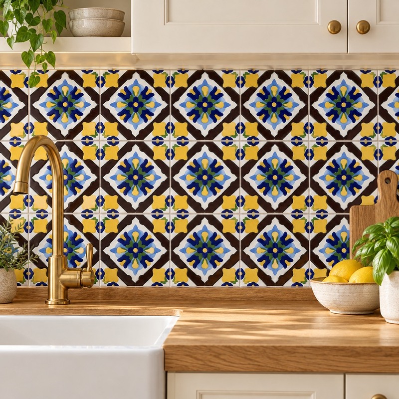 100x100mm Blue Ochre Floral Diamond Tiles TQ39-CN1250
