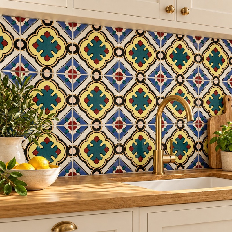 100x100mm Green Red Quatrefoil Tiles TQ39-CN1252