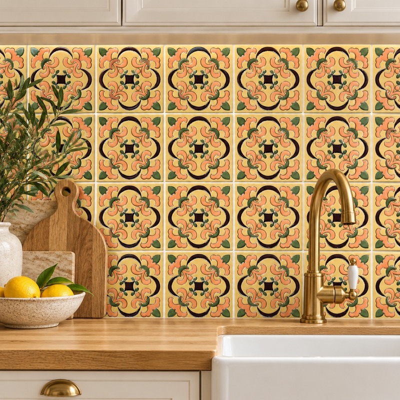 100x100mm Green Peach Floral Scroll Tiles TQ39-CN1253