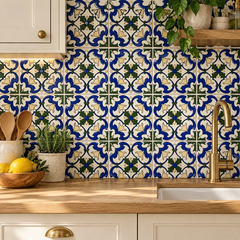 100x100mm Blue Cream Floral Tiles TQ39-CN1254