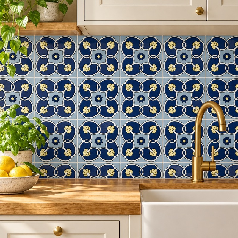 100x100mm Navy Cream Vine Tiles TQ39-CN1256