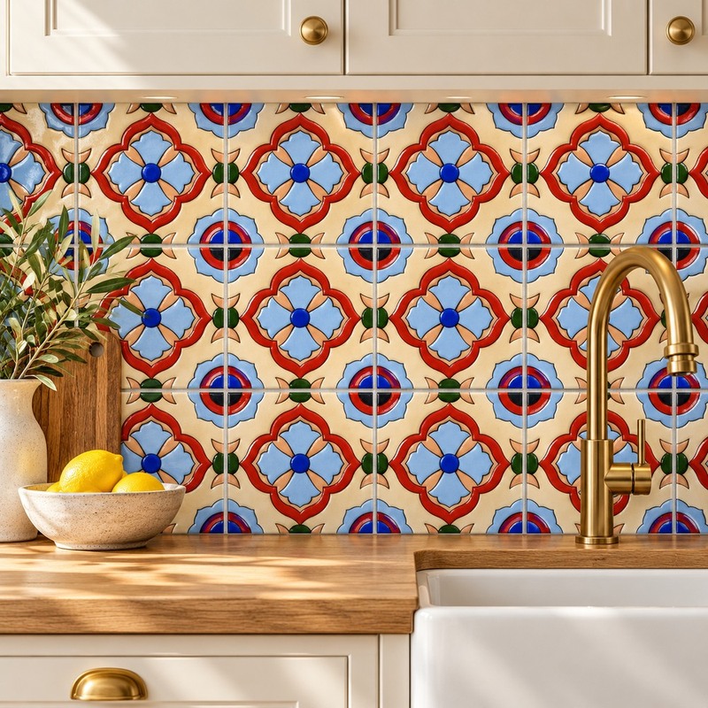100x100mm Orange Blue Floral Diamond Tiles TQ39-CN1258