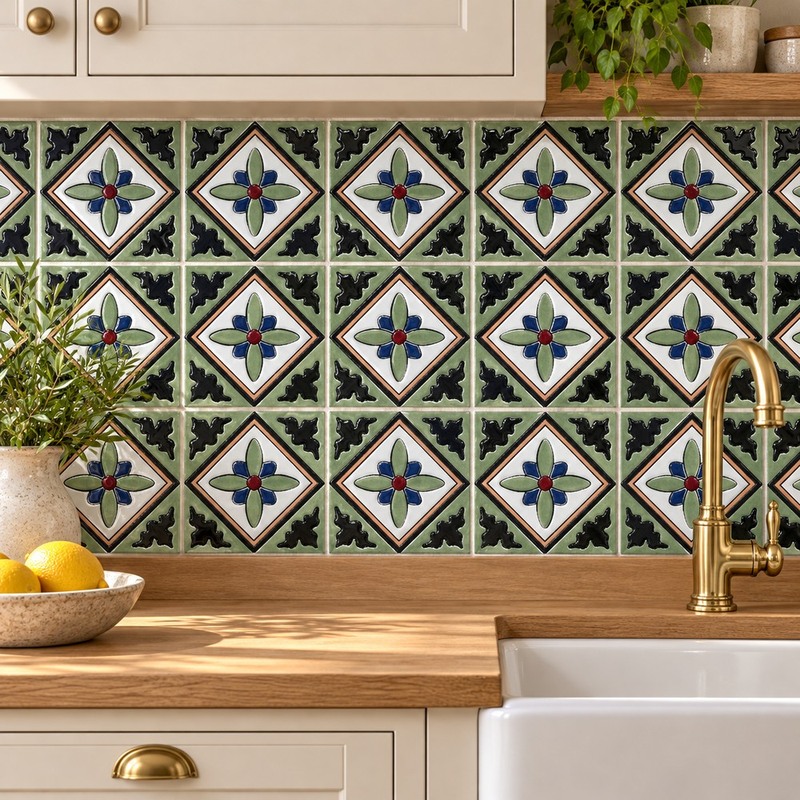 100x100mm Green Blue Four Petal Tiles TQ39-CN1259