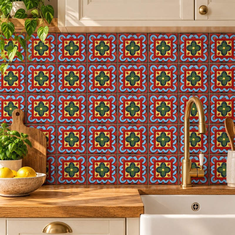 100x100mm Blue Red Ornamental Frame Tiles TQ39-CN1272