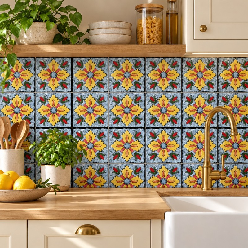100x100mm Yellow Red Botanical Tiles TQ39-CN1275