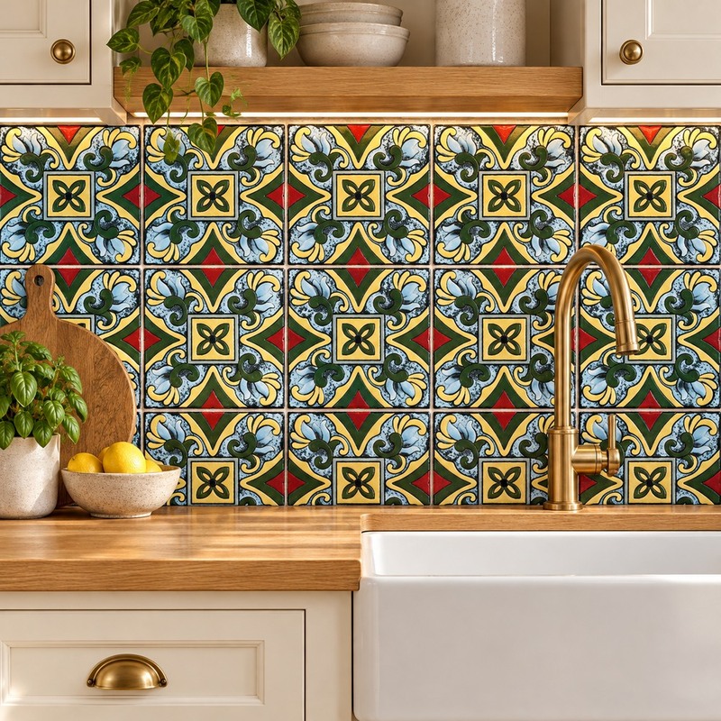 100x100mm Green Floral Cross Tiles TQ39-CN1276