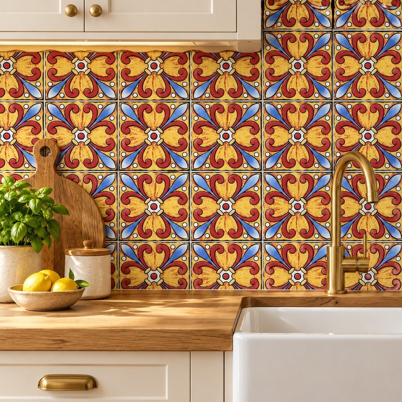 100x100mm Red Yellow Four Petal Tiles TQ39-CN1279