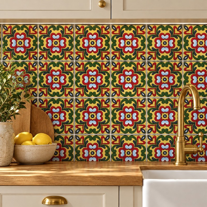 100x100mm Red Green Floral Medallion Tiles TQ39-CN1283