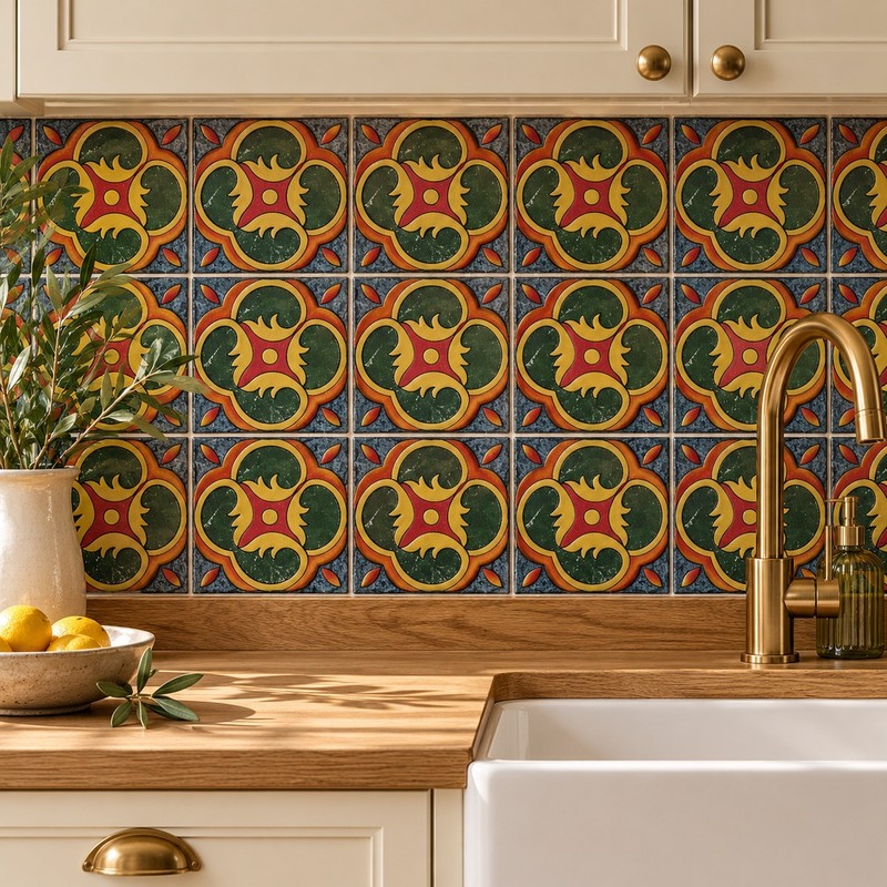 100x100mm Red Green Quatrefoil Tiles TQ39-CN1284