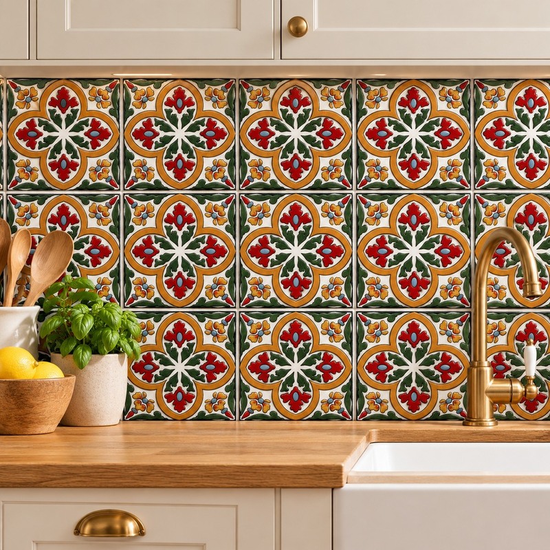 100x100mm Red Cream Ornamental Flower Tiles TQ39-CN1285