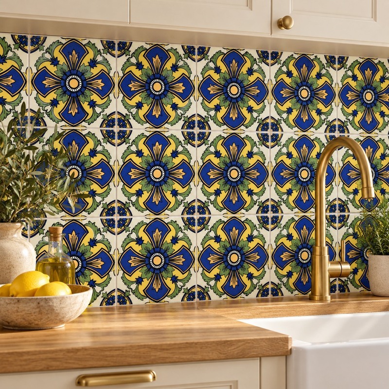 100x100mm Navy Yellow Floral Diamond Tiles TQ39-CN1356