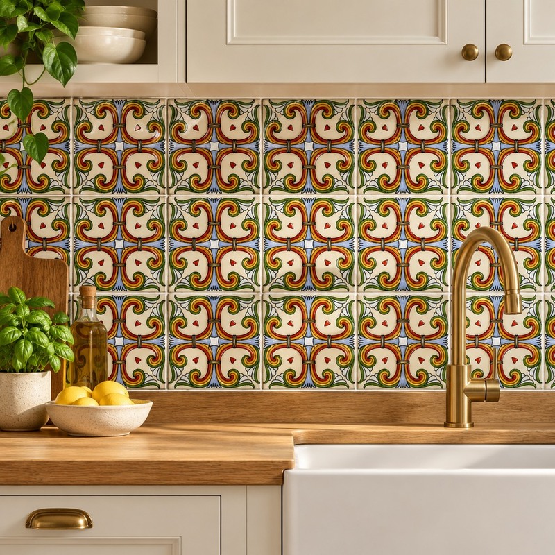 100x100mm Cream Red Floral Geometry Tiles TQ39-CN1357