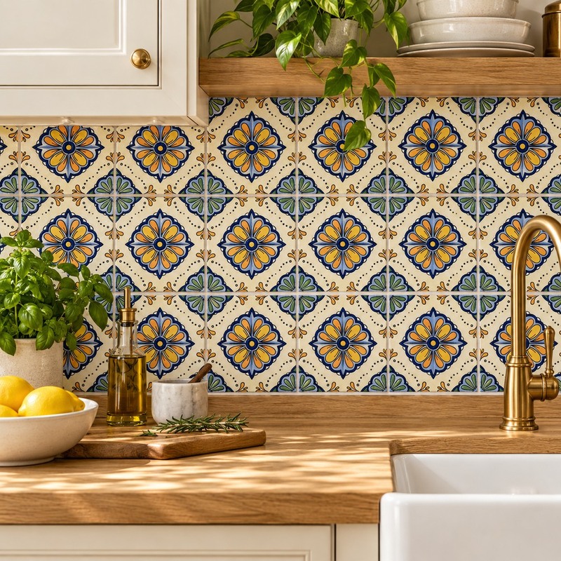 100x100mm Blue Yellow Floral Medallion Tiles TQ39-CN1359