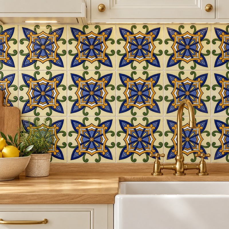100x100mm Blue Yellow Ornamental Cross Tiles TQ39-CN1360