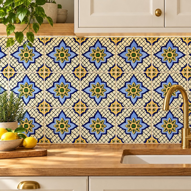 100x100mm Blue Yellow Diamond Floral Tiles TQ39-CN1361