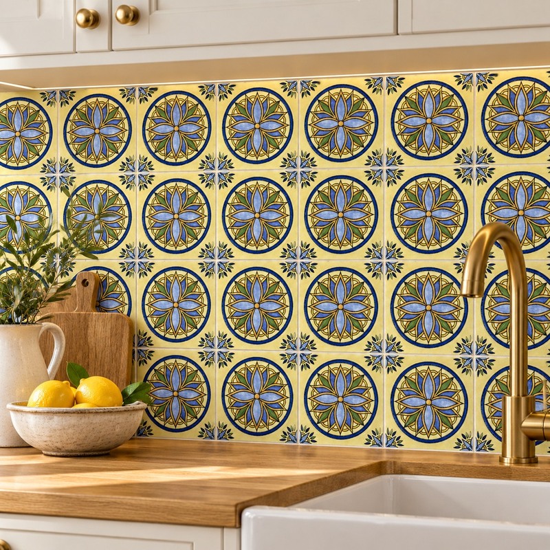 100x100mm Blue Yellow Petal Rosette Tiles TQ39-CN1362