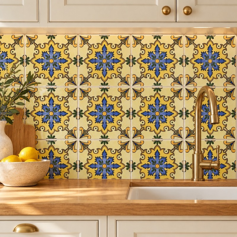100x100mm Yellow Blue Ornamental Cross Tiles TQ39-CN1364