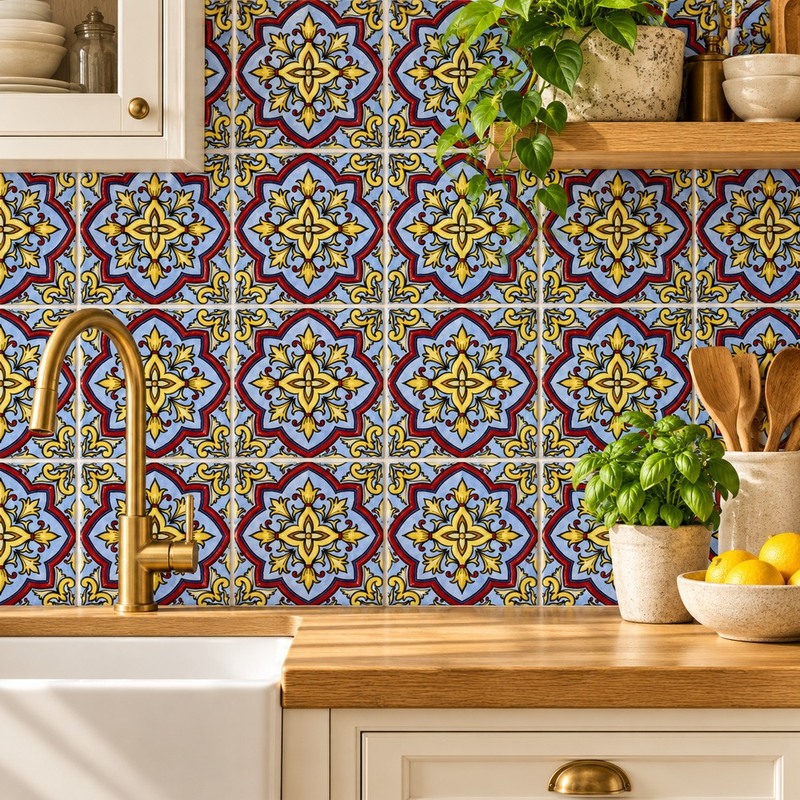100x100mm Blue Yellow Ornamental Star Tiles TQ39-CN1365