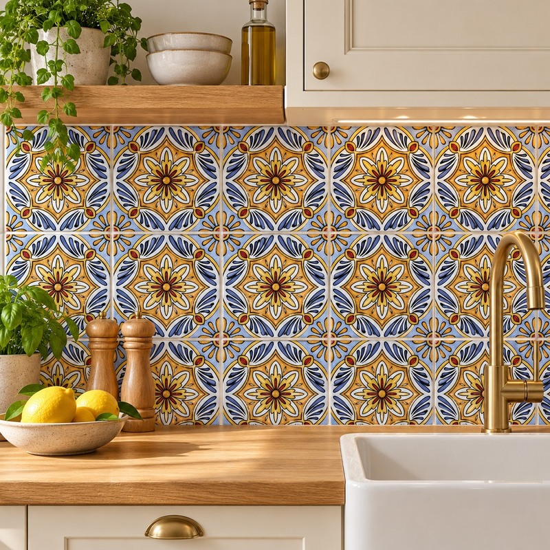 100x100mm Blue Ochre Petal Medallion Tiles TQ39-CN1366