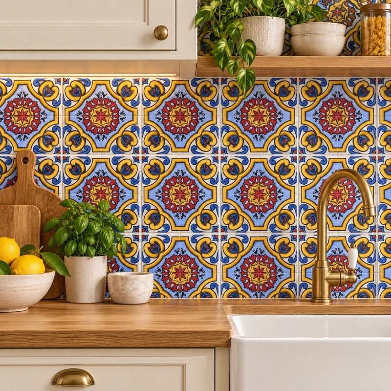 100x100mm Blue Red Floral Medallion Tiles TQ39-CN1367