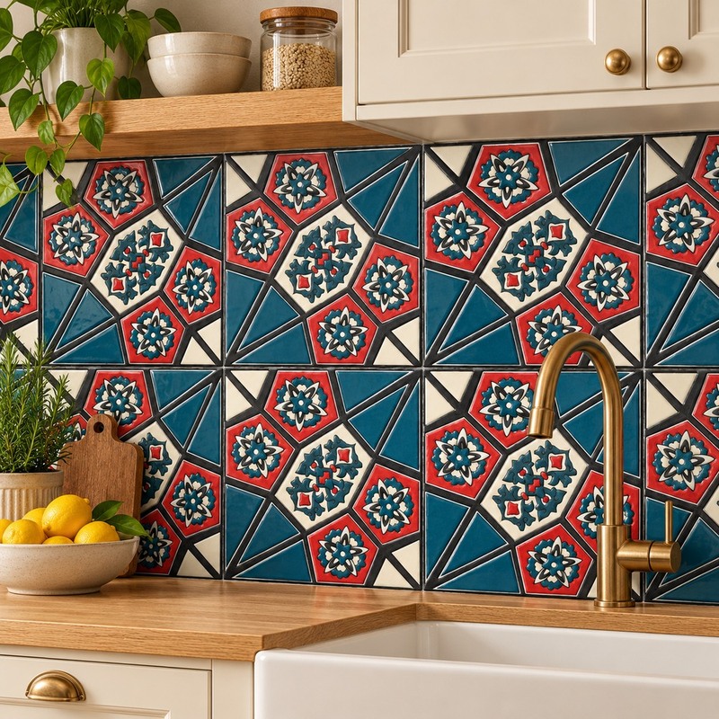 200x200mm Red Teal Diamond Pattern Tiles TQ39-CN220339