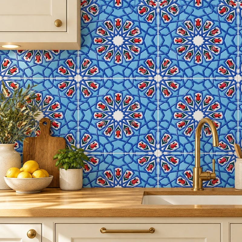 200x200mm Blue Red Ornamental Cross Tiles TQ39-CN220413