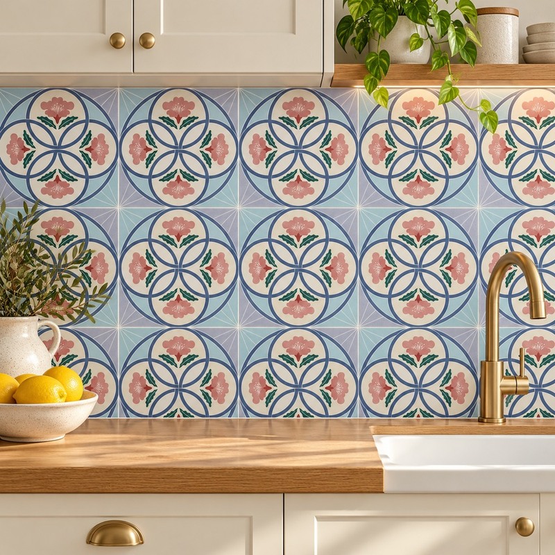 300x300mm Blue Green Floral Geometry Tiles TQ39-CN3031