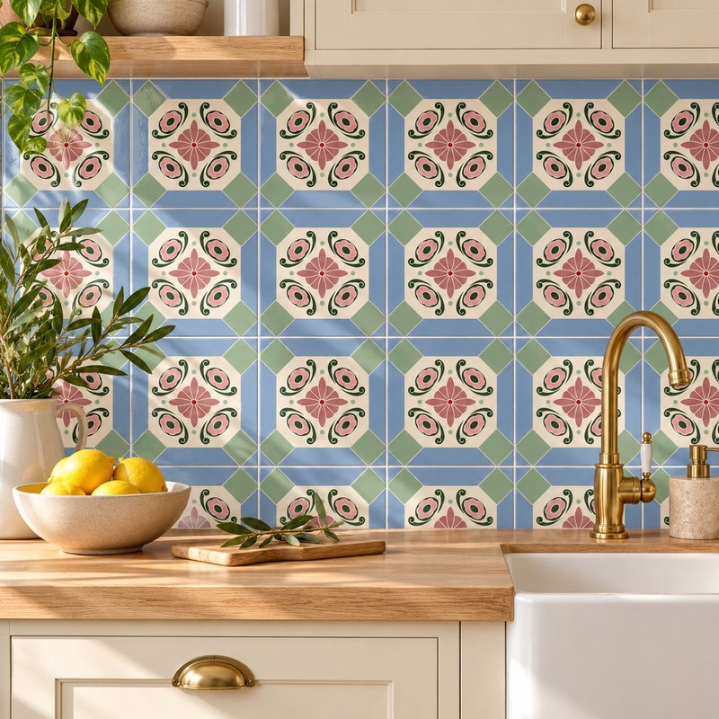 300x300mm Green Blue Floral Diamond Tiles TQ39-CN3032