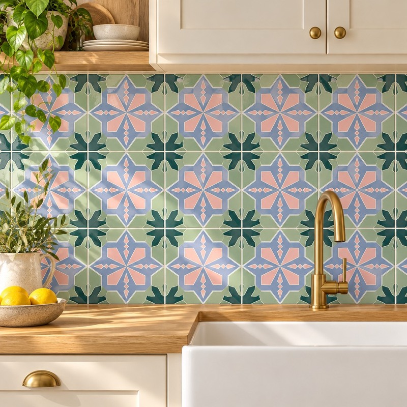 300x300mm Green Blue Geometric Star Tiles TQ39-CN3034