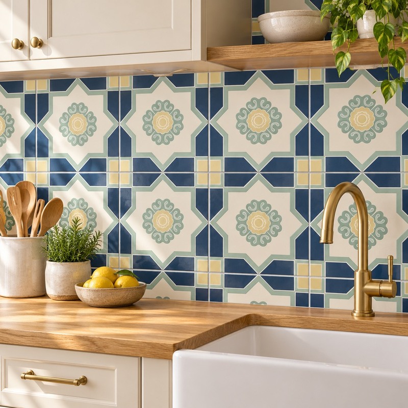 300x300mm Blue Green Ornamental Star Tiles TQ39-CN3036