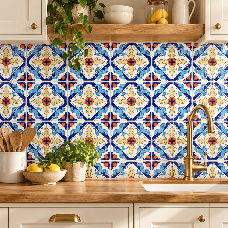 300x300mm Blue Yellow Ornamental Lattice Tiles TQ39-CN33D013