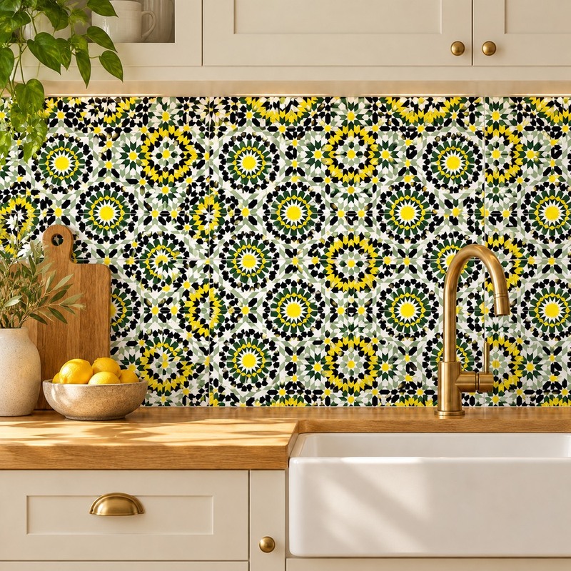 300x300mm Black Yellow Mosaic Medallion Tiles TQ39-CN33D03