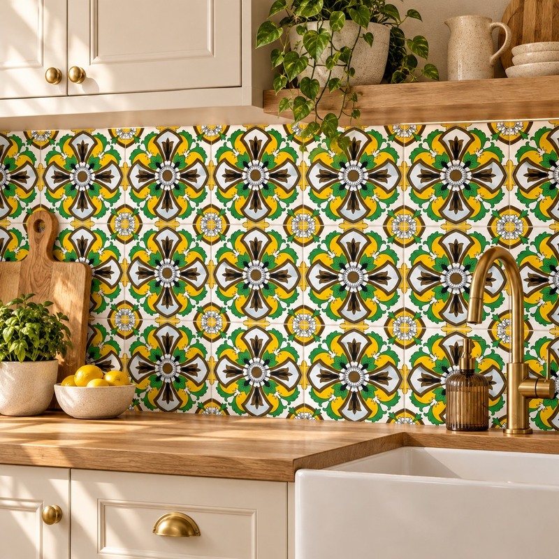 300x300mm Green Ochre Ornamental Repeat Tiles TQ39-CN33D07