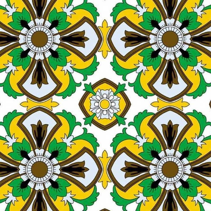 300x300mm Green Ochre Ornamental Repeat Tiles TQ39-CN33D07