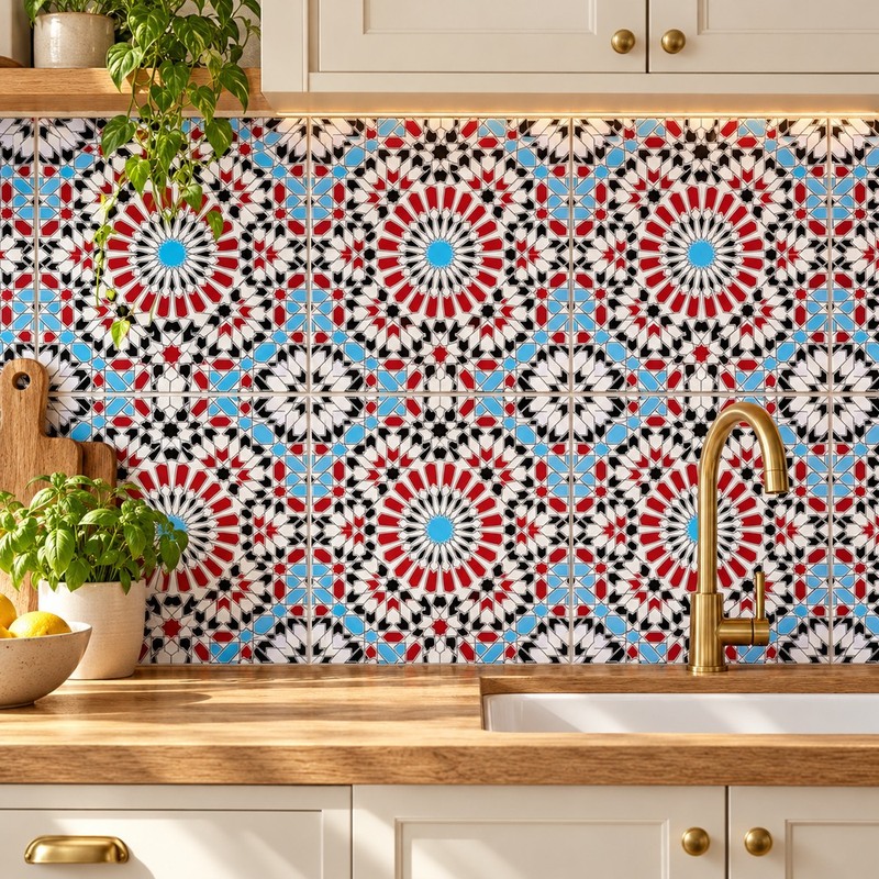 300x300mm Black Red Mosaic Rosette Tiles TQ39-CN33D12