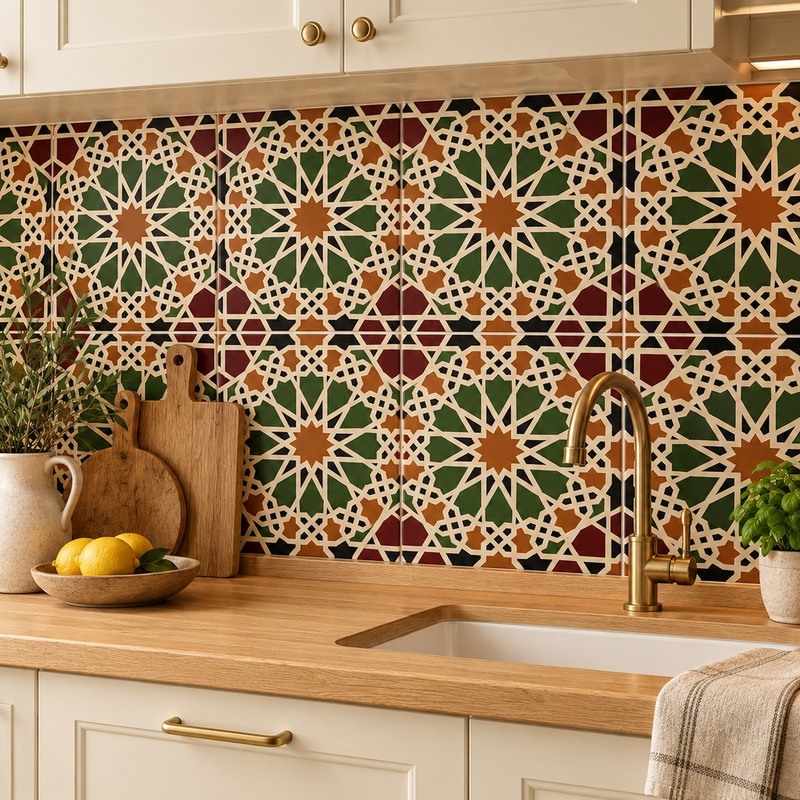 300x300mm Green Brown Star Geometry Tiles TQ39-CN33D22