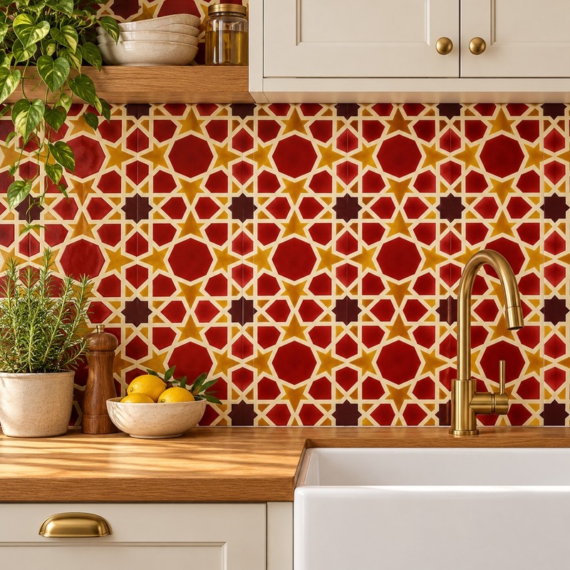 300x300mm Red Yellow Geometric Star Tiles TQ39-CN33D28