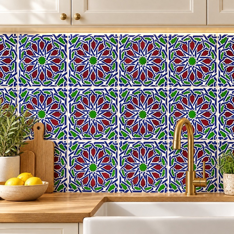300x300mm Blue Green Star Geometry Tiles TQ39-CN33D32