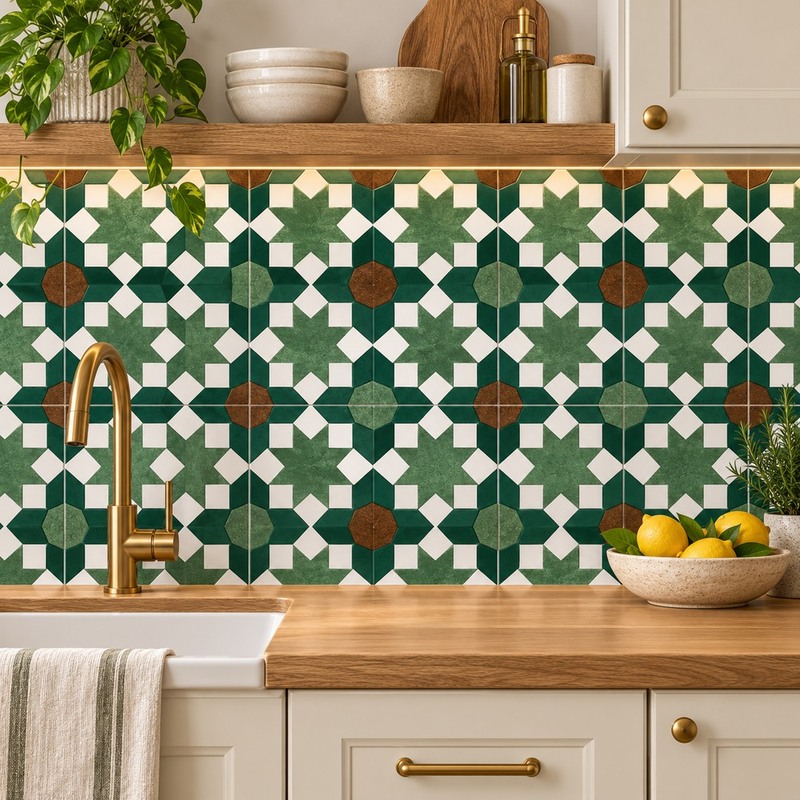 300x300mm Green White Geometric Grid Tiles TQ39-CN33D34