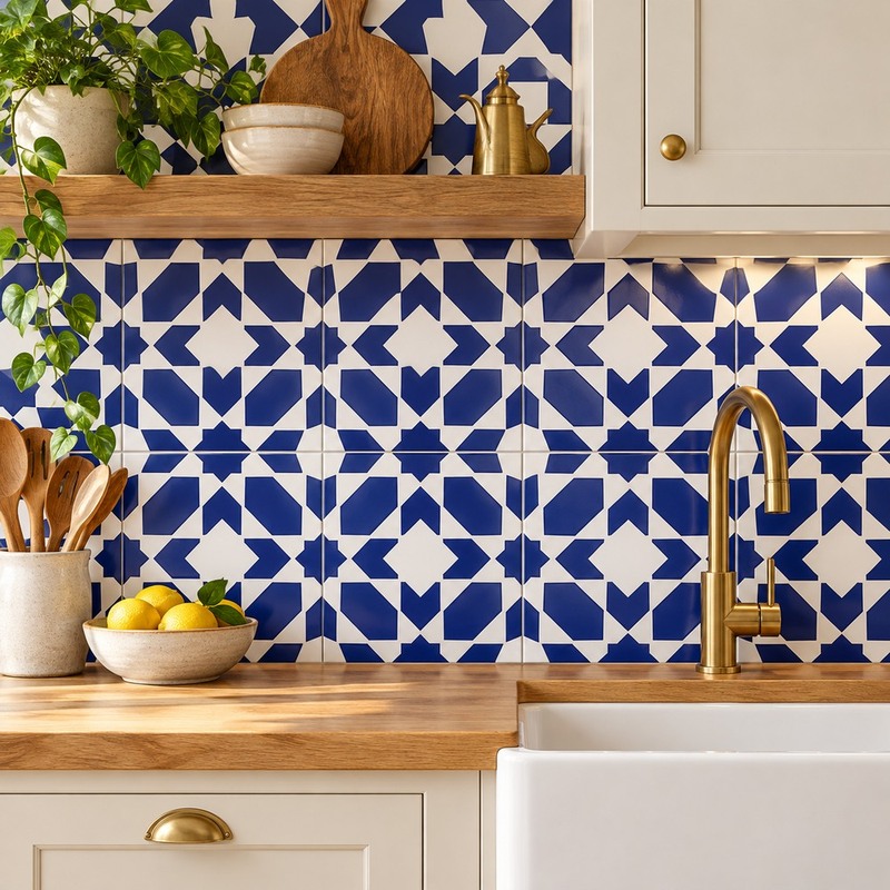 300x300mm Blue White Geometric Star Tiles TQ39-CN33D37