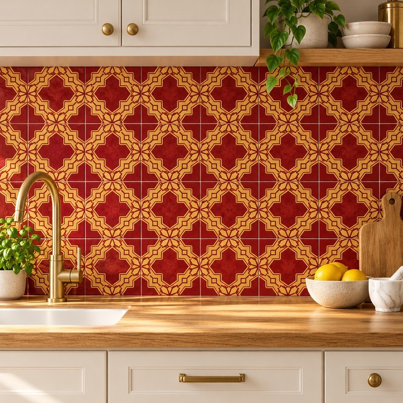 300x300mm Red Ochre Ornamental Repeat Tiles TQ39-CN33D39